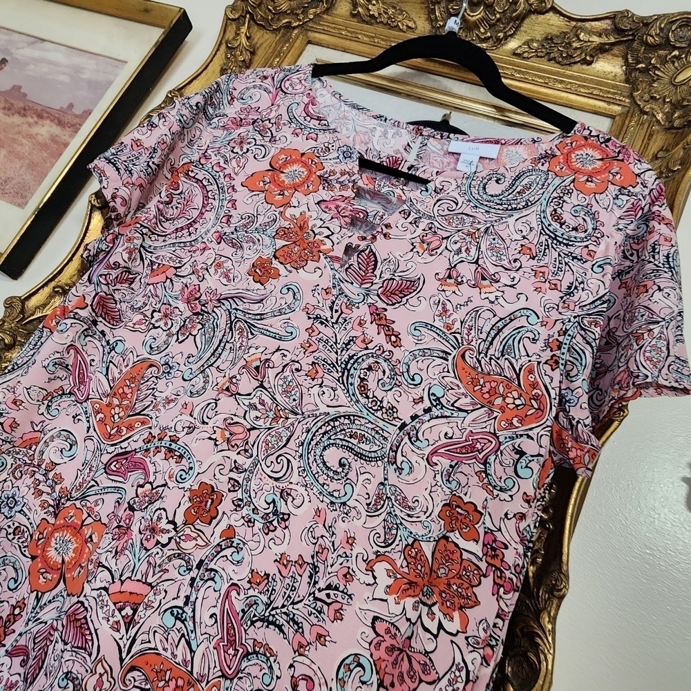 J Jill Boho Dress Full Length Maxi Short Sleeve Floral Rayon Paisley Size Med. - Picture 8 of 15